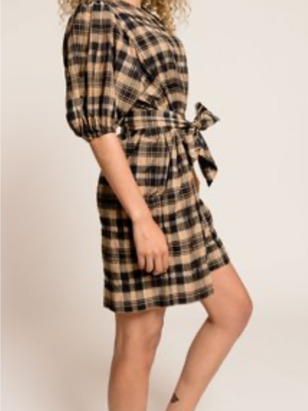 Ganni Beige and Black Plaid Belted Mini Dress